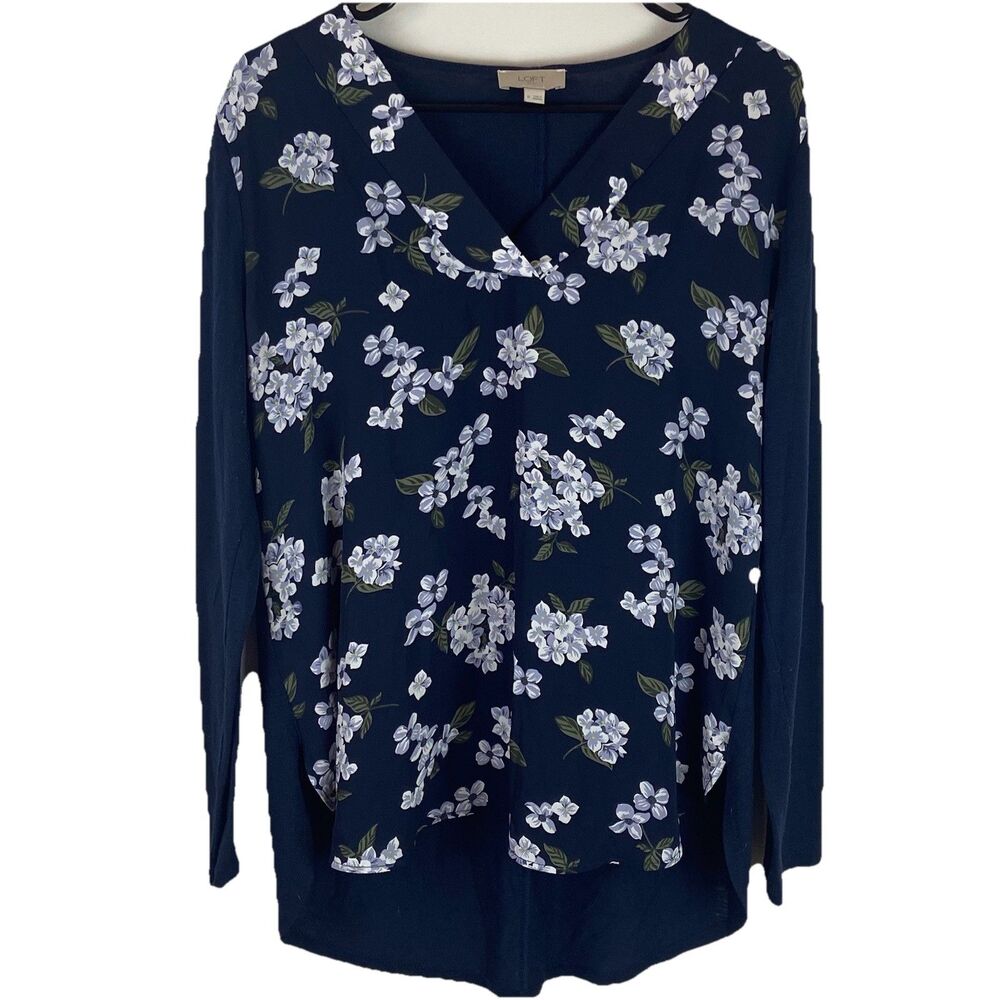 Ann Taylor LOFT Outlet Long Sleeve Blue Navy Floral Blouse Top Size Medium